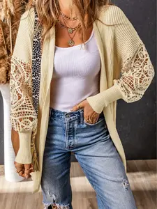 Apricot Crochet Lace Sleeve Ribbed Knit Cardigan