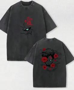 Retro Washed Naruto T-Shirt | Gaara of the Desert Double-Sided Graphic Tee, Vintage Black Cotton Crewneck, Casual Outdoor Streetwear, Unisex Short Sleeve Shirt for Men Women