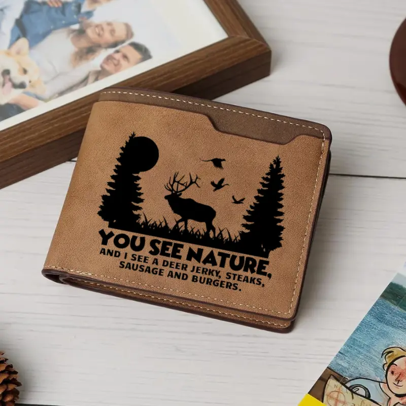 SAUSAGE AND BURGERS Camo Deer Leather Wallet,  Hunting Style Outdoor Wallet for Men,Hunting Camo Deer Wallet,  Rugged Outdoor Style Men’s Wallet