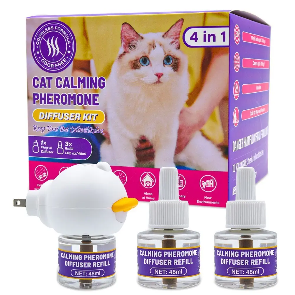 Cat Calm Pheromone Diffuser Set, Pheromones Calming Diffuser, Plug-In Electric Diffuser with 3 Refills, 90-Day Stress Relief, Reduces Marking, Scratching, Hiding, Odorless, Indoor Use