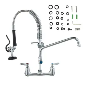 Commercial Pre-Rinse Faucet with Sprayer Wall Mount 21 Inch Height 8 Inch Center 12 Inch Swing Spout Brass Kitchen Sink Faucet Hot Cold Dual Handle High Pressure Pull Down Spray for 1 2 3 Compartment Sink Brushed Nickel