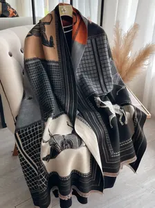 Women's Elegant Fall Winter Scarf, Fashionable Animal Print Patchwork Fringe Trim Shawl, Soft Woven Fabric, Fitted Style, Warm & Comfortable, Double Sided Scarf