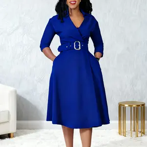 Elegant A Line Dress for Women V Lapel Neckline 3/4 Sleeves Hidden Pockets Removable Belt 95% Polyester 5% Spandex Casual Office Wedding Guest Dress Pockets Soft Zipper