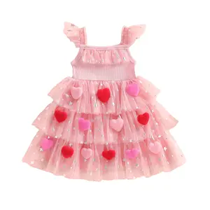 Toddler Girl Valentines Dress Glitter Stars Print Hearts Embroidery Rib Knit Patchwork Flutter Sleeve Mesh Lace Layered Tulle Princess Dress Cake Smash Photo Birthday Wedding Pageant 1-6Y