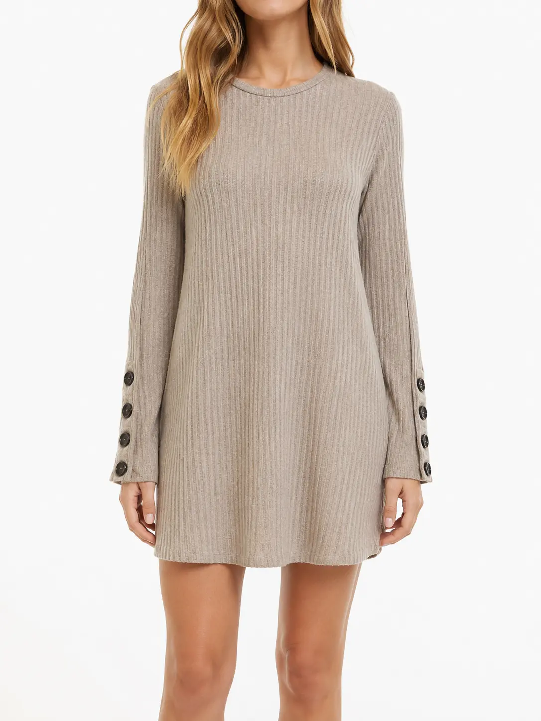 Beige Ribbed Sweater Dress – Long Sleeve Mini Dress with Button Cuff Detail