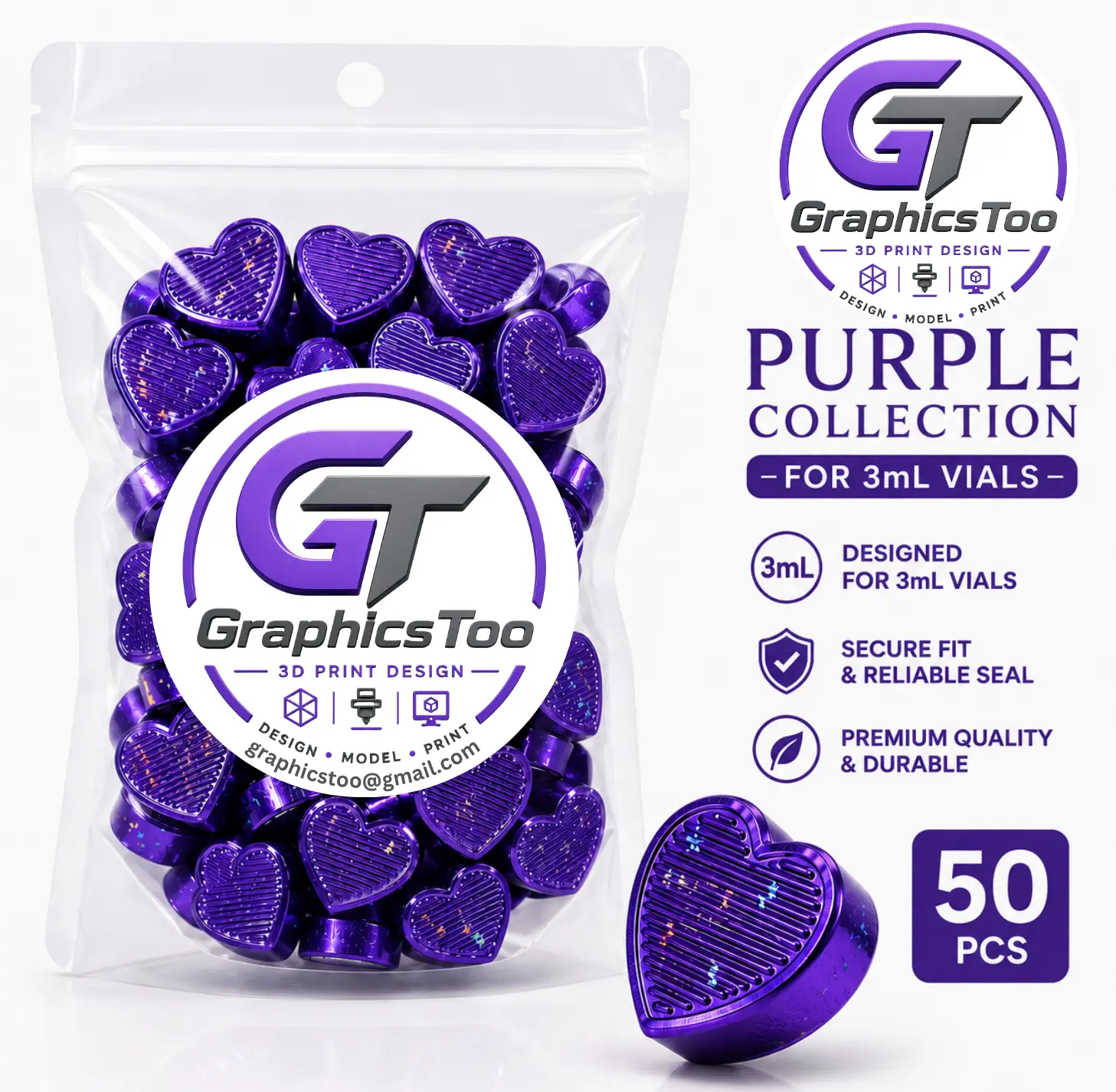 Purple Collection Holographic Heart Caps for 3mL Vials - 50PCS Recyclable, Stackable, Eco-Friendly Reusable 3D Printed Protective Vial Accessories