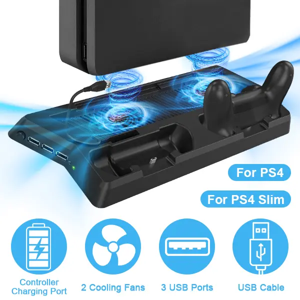 Controller Charger Station for PlayStation4/PS4 Slim, Cooling Fan Vertical Stand with Dual Controller Charging Dock Station,Dual Cooling Fan and 3 USB Ports(Only for PlayStation4+PS4 Slim) Gaming Console Accessories