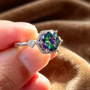 Hexagonal Halo Rainbow Promise Ring, an exquisite three-stone, slim-band fashion jewelry ring designed specifically for fashion accessory enthusiasts