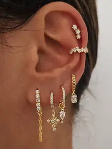 6Pcs Luxury 24K Gold Plated Cubic Zirconia Hoop Earrings Set For Women Zircon Star Stud Earrings Pack Cross Drop Dangle Earrings Stack