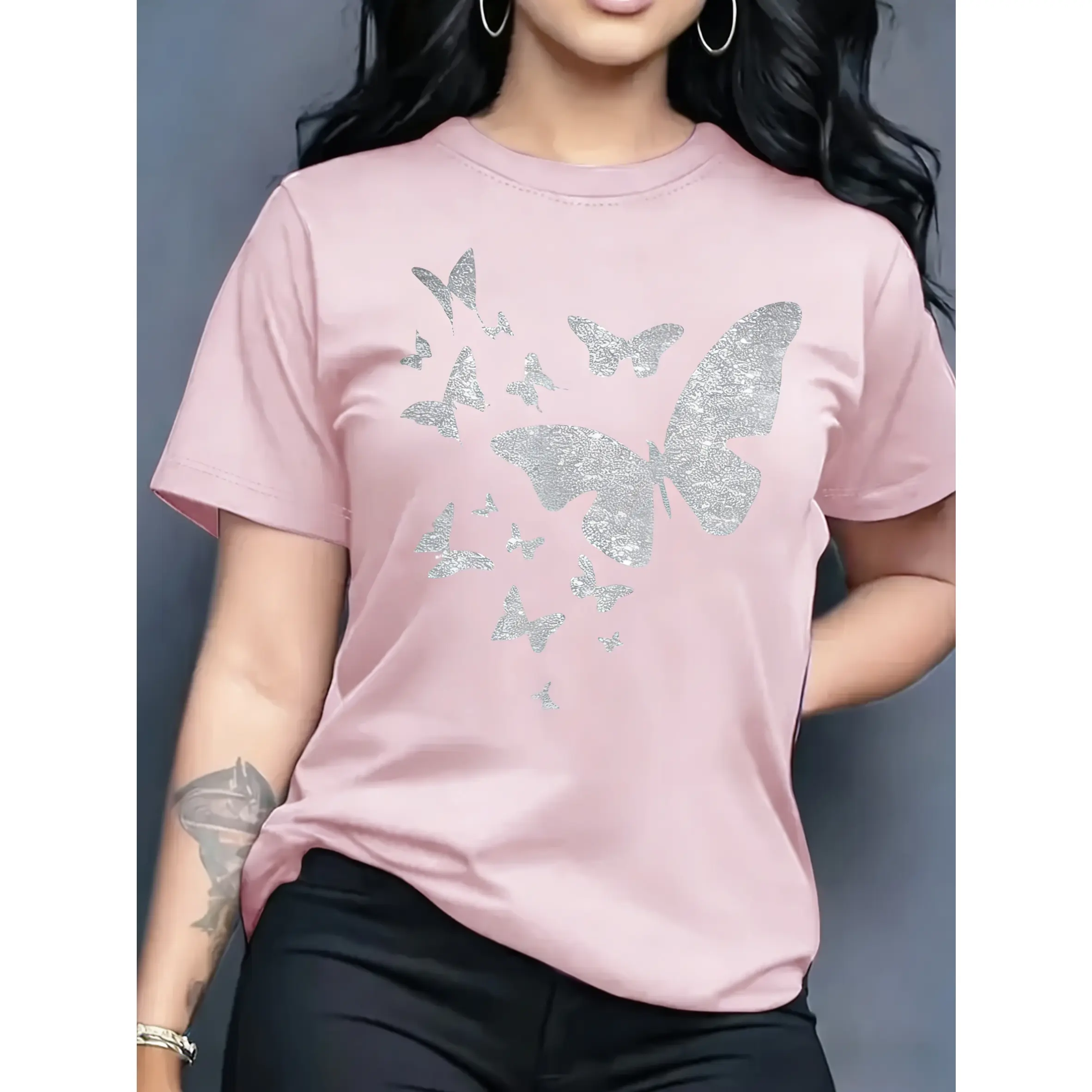 Women's 100% Cotton Oversized Fit T-Shirt - Smooth Fabric, Oversized Butterfly Graphic, Short Sleeve, Casual All Seasons Basic Tee, Printed, Tshirt, Asymmetrical, Classic, Shortsleeve, Top, Christmas, Do Not Bleach, Tops