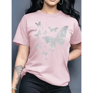 100% pure cotton, available in multiple colors, comfortable and versatile, butterfly spring and summer print women's casual round neck short sleeve T-shirt