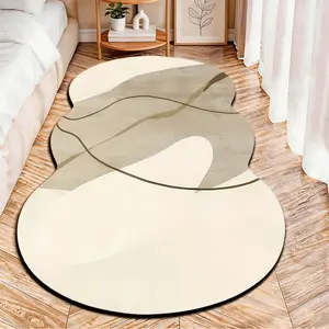 2D Flat velvet irregular rug with minimalist beige abstract line pattern, machine washable non-slip carpet for bedroom, all seasons & holiday decor, durable & easy to clean.