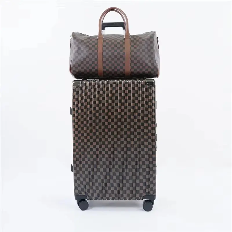 Custom Logo 2-Piece Checkered Luggage Set with Duffle Bag, Aluminum Frame Hard Shell Spinner Suitcase Wholesale Travel Trolley
