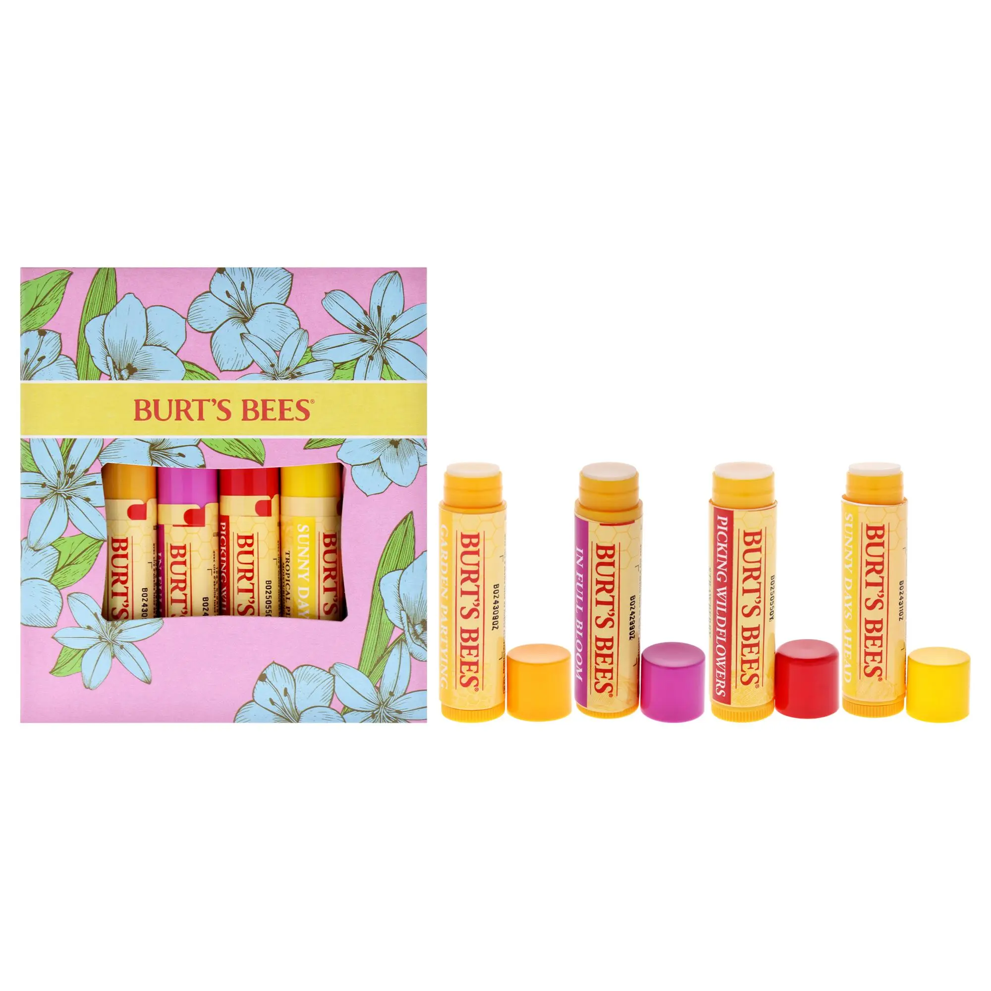 In Full Bloom Set by Burts Bees for Unisex - 4 Pc 0.15oz Lip Balm - Original Beeswax, 0.15oz Lip Balm - Dragonfruit Lemon, 0.15oz Lip Balm - Tropical Pineapple, 0.15oz Lip Balm - Strawberry