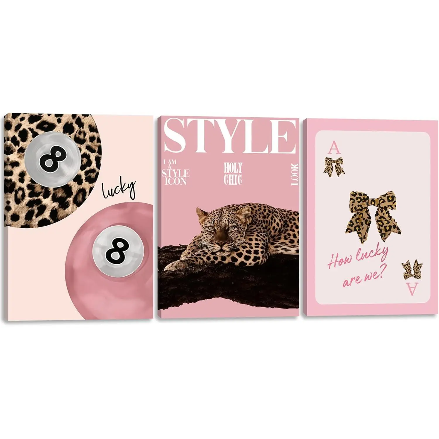 3 PCS Retro Waterproof Pink Leopard Bow Canvas Wall Artwork - Teenager Girls' Bedroom Decor, Stretched on Wooden Frame, 12x16 in Cheetah Poster, Ideal Home Gift for Living Room, Water Proof, Set