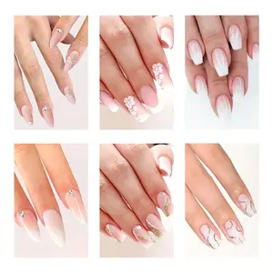 144 Pcs (6 Packs) Ashowner Pink Ombre French Press On Nails | Mix & Match 6 Styles | Reusable Jelly Glue Included | Coffin Almond Shapes | Elegant Nude Gradient | 12 Sizes