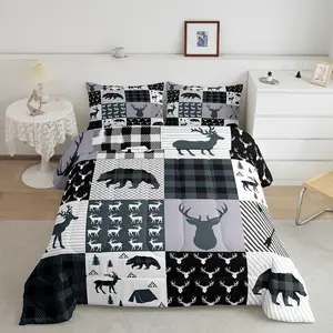 Rustic Deer Bear Designer Comforter Set,Camping Hunting Designer Comforter Set,Western Farmhouse Comforter,Bear Antler Silhouette Super Soft Duvet Set