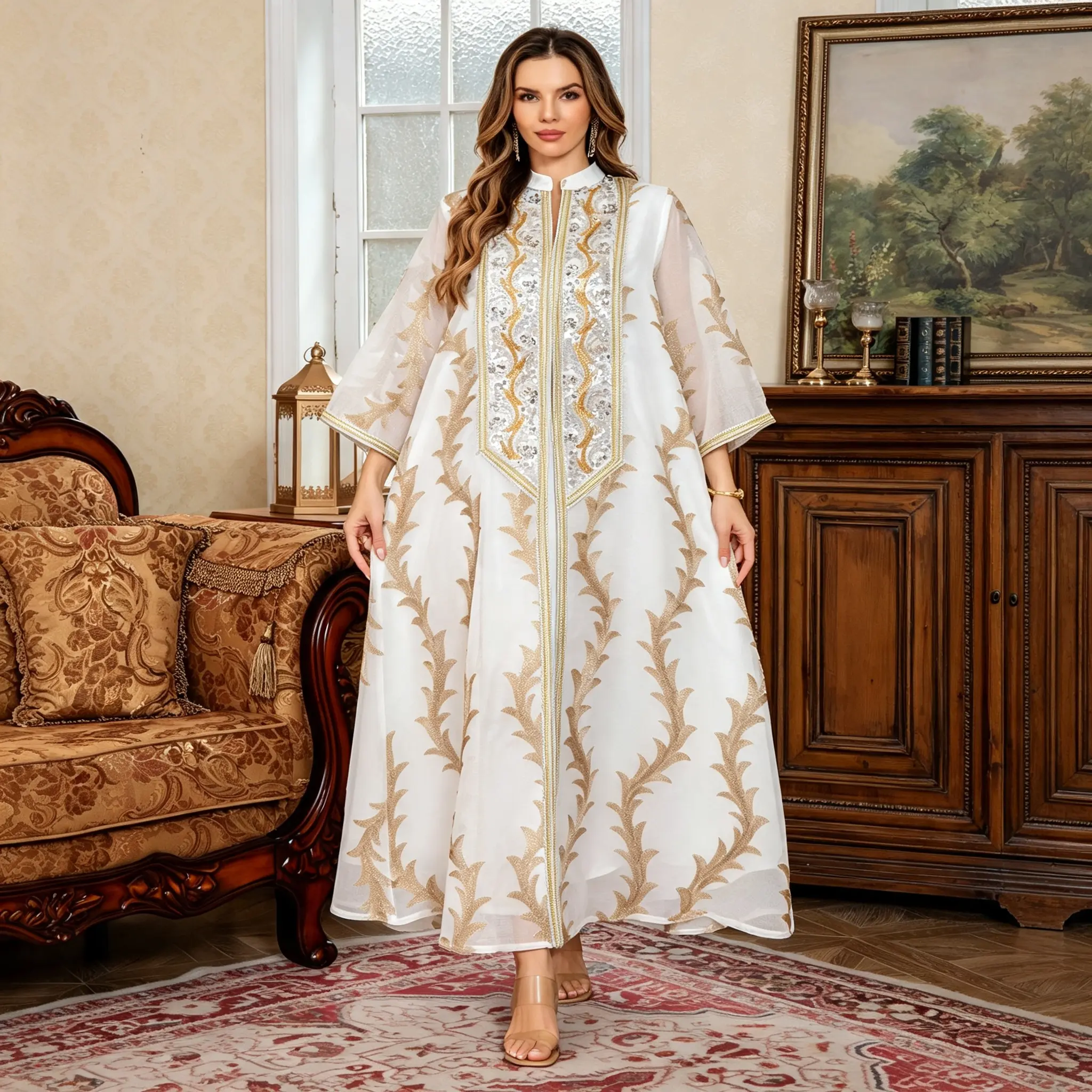 Elegant White Abaya with Gold Leaf Embroidery and Long Sleeves for Women