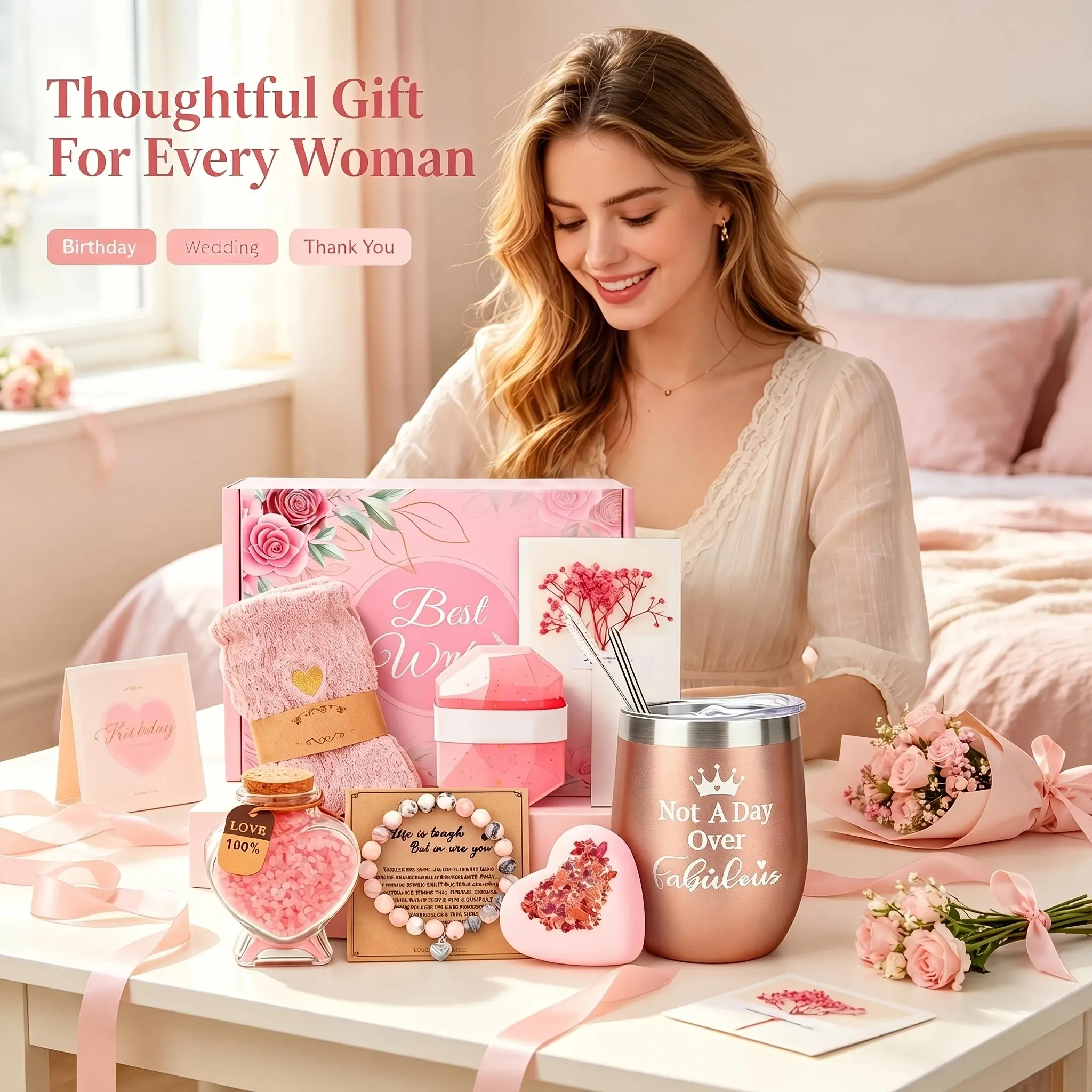 Luxury Thank You Gift Basket for Women - Unique Appreciation Present with Cup, Bath Salts, Soaps, Socks, Dried Flowers Etc, Perfect for Birthdays, Mother'S Day, Valentine'S Day And Christmas for Moms, Wives, Sisters, Friends