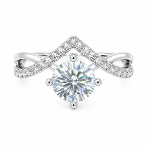 J-006PT-LuxeStone V-Shaped Engagement Ring - 1CT Round Moissanite, Stainless Steel