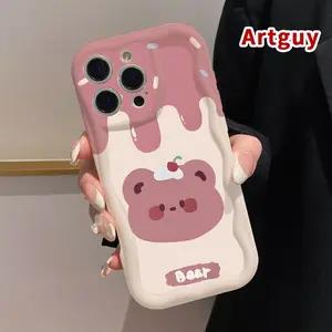 Cream Phone Case for iPhone 17 iPhone 16 Pro Max 15 Plus 14 13 12 11 XS XR Sweet Bear Delight Pattern Curly Wave Frame Drop Protection Shockproof Soft Silicone Smartphone Cover Protective Casing