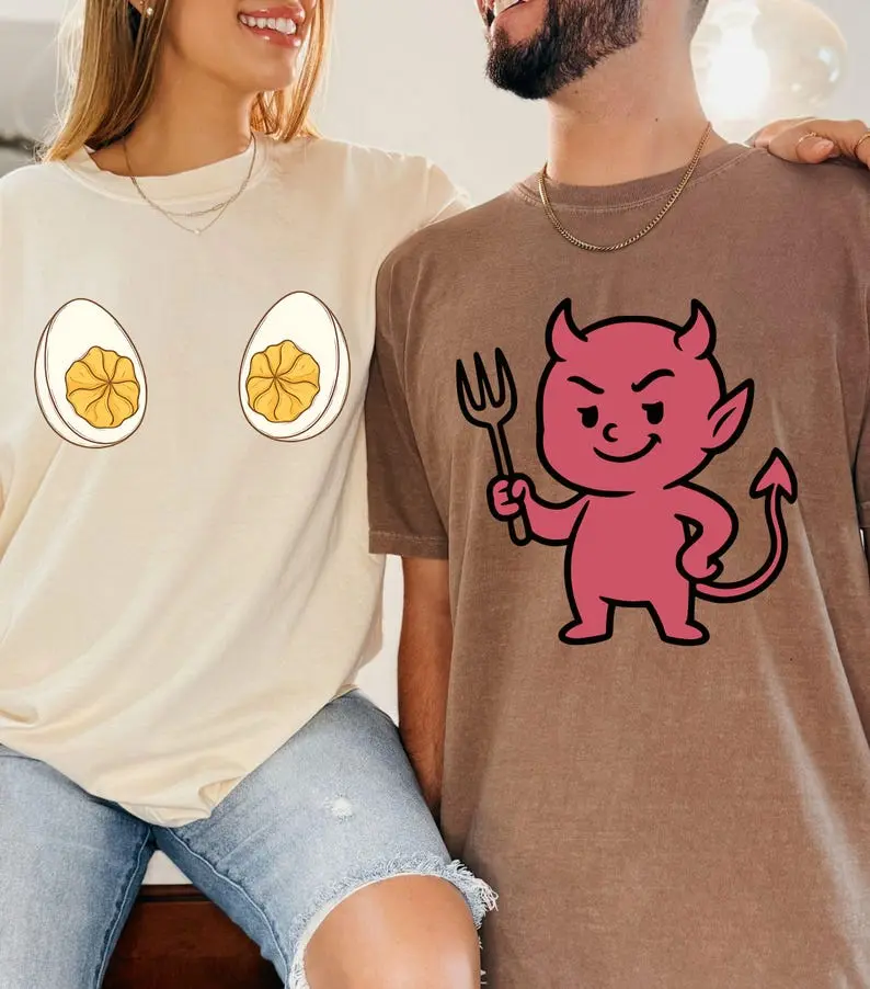 Comfort Colors Matching Deviled Egg T-Shirts, Matching Couples Ghost Tee, Couples Halloween Tee, Couples Spooky Season, Spooky Couples Tee, Matching Halloween Shirt, Full Size, Full Color