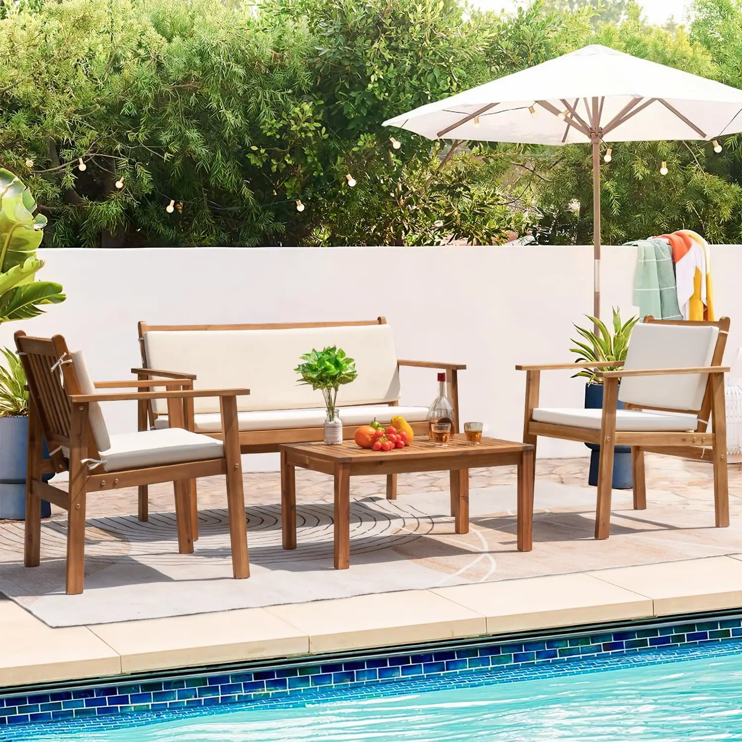 Furmax 4 Pieces Acacia Patio Conversation Set Outdoor Furniture Set with Cushions and Side Table