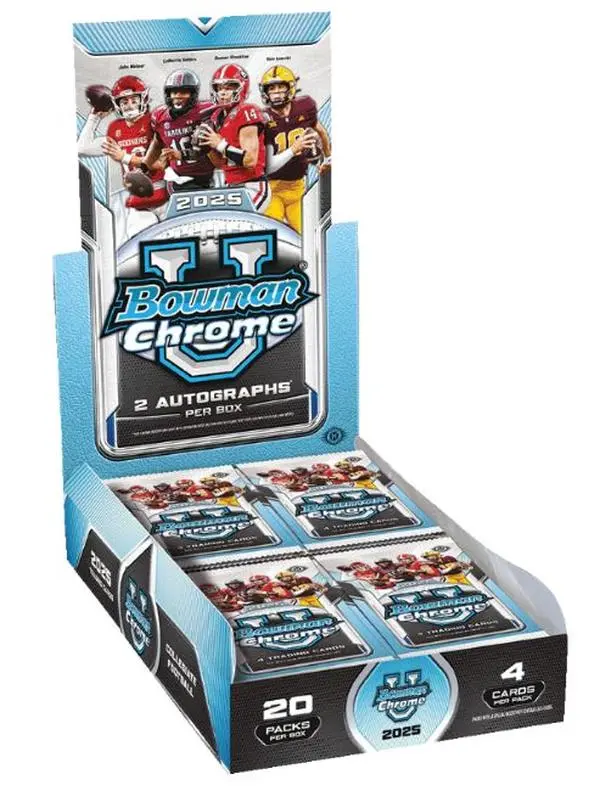 2025 Bowman Chrome University Hobby Box - 2 Autographs 9 Inserts 4 Refractor Parallels 2 XFractor Parallels 3 Numbered Parallels 1 Hobby Exclusive Parallel per Box