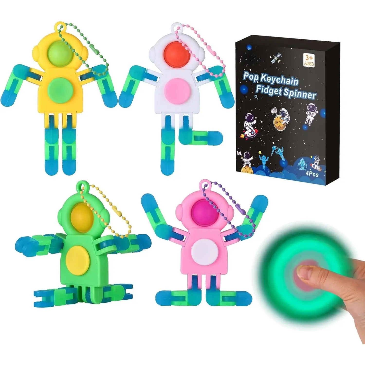 BY-109 24Pcs Pop Fidget Spinners Bulk - Deformable Astronaut Fidget Spinner Keychain Robot Gyro Fidget Spinner for Kids Adults Glow in The Dark Sensory Toys Easter Party Favors Classroom Prizes