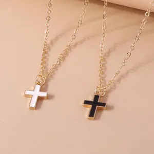 2-Piece Enamel Cross Pendant Necklace Set – Black & White Layered Necklaces for Women, Trendy Everyday Jewelry