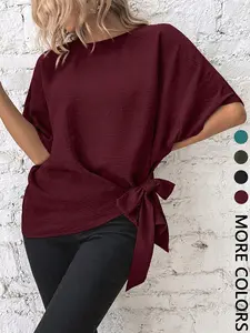 Chic  Knot-Front Short Sleeve Oversized Loose Fit Top for Vacation Daily Casual Outfits