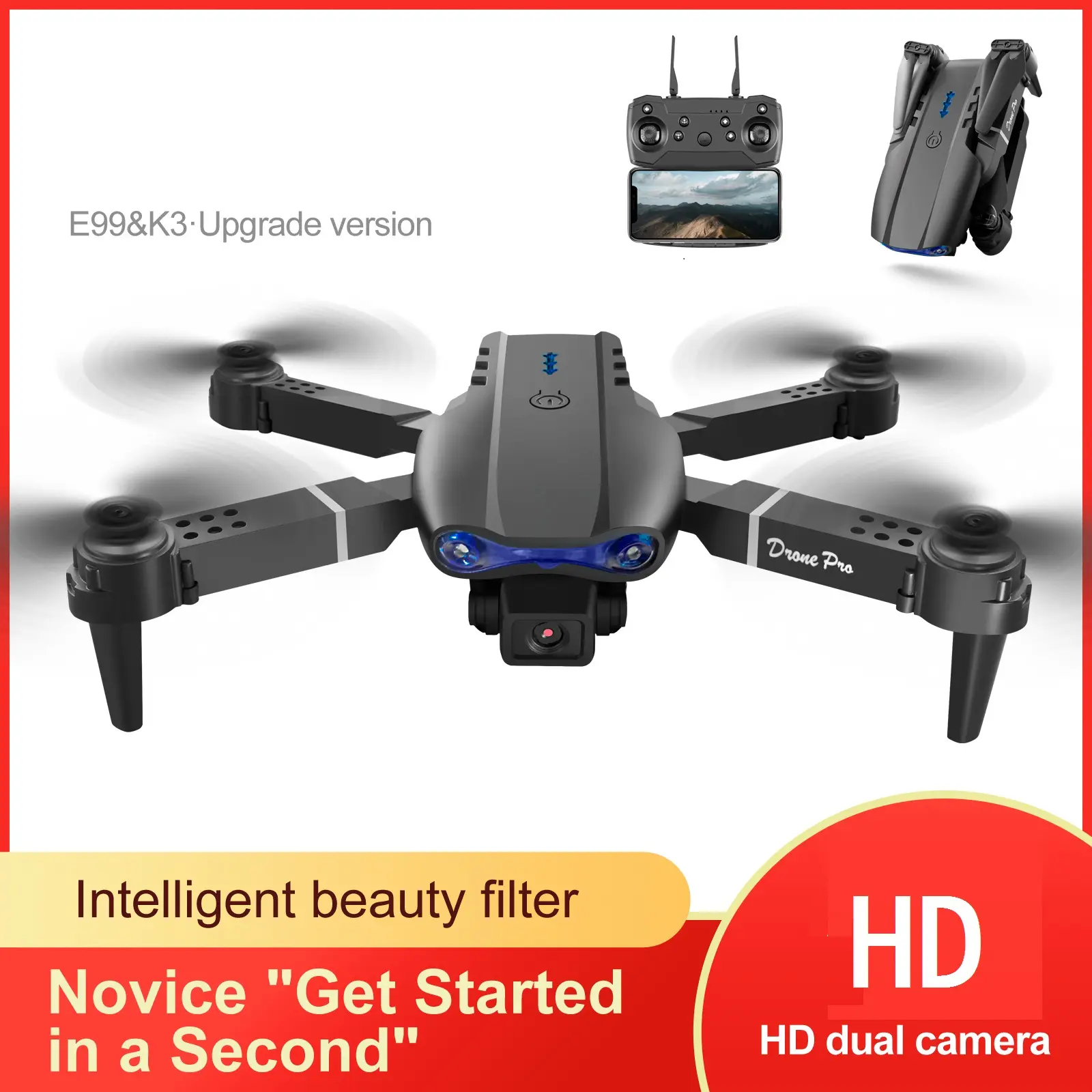 Dual Camera Drone for Beginners, with Optical Flow, Path Planning, 1-Key Takeoff/Landing, 360° Rollover, Button-Adjustable Charging & Portable Remote Control, Travel Vlog Drone