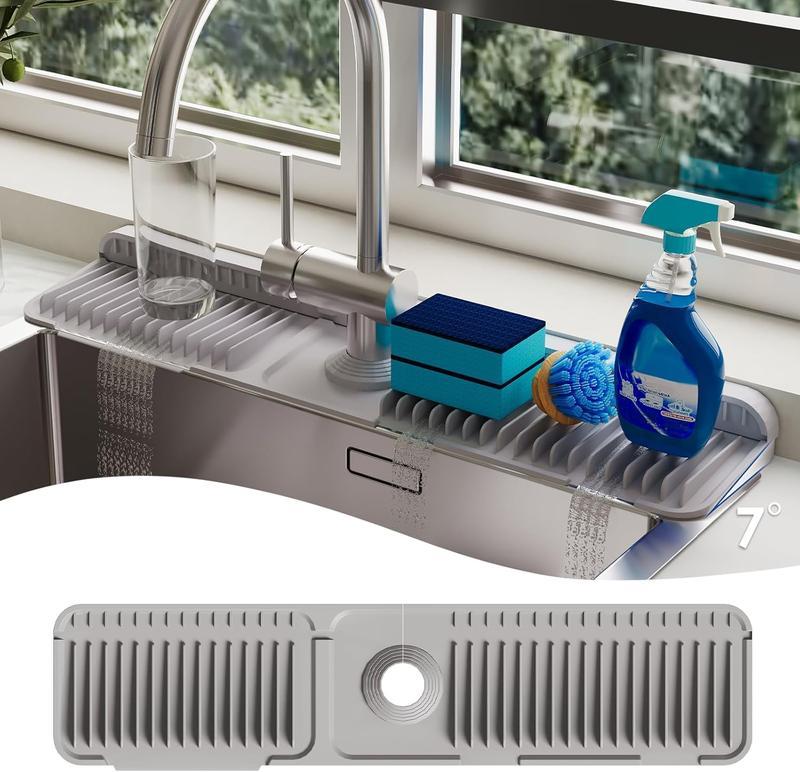 24 Inch Extra Long Silicone Faucet Mat for Kitchen Sink, 7° Slope Self-Draining Splash Guard, Water Catcher Draining Pad for Counter Protection, Keep Kitchen Sink Area Clean and Dry