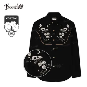 [Embroidery]Boozelele Vintage Embroidery Flower and Raven Skull 100% Cotton Shirt Long sleeves,2025 Thanksgiving Christmas,Gothic Style,Vacation Outfits,Western Style, Shortsleeve, Womenswear