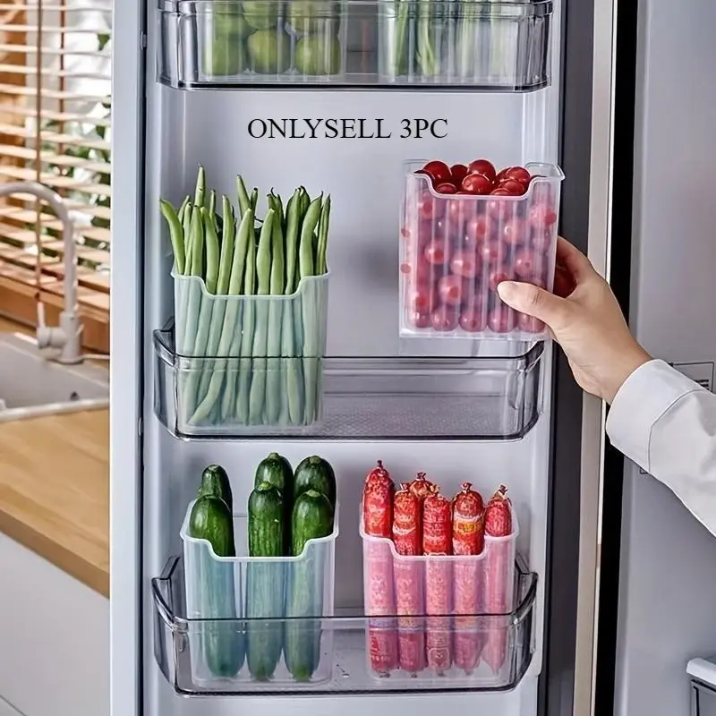 3Pcs Refrigerator Storage Boxes, Space-saving Transparent PP Storage Boxes, Reusable and Durable Food Sorting Boxes for Fruits, Vegetables, Eggs and Meats, Kitchen Storage Boxes and Storage, Kitchen Accessories, Fridge Organization, Fridge Organizers