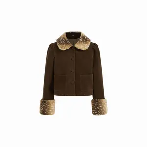 Cider Suede Peter Pan Collar Jacket With Detachable Deer Faux Fur Collar And Cuffs