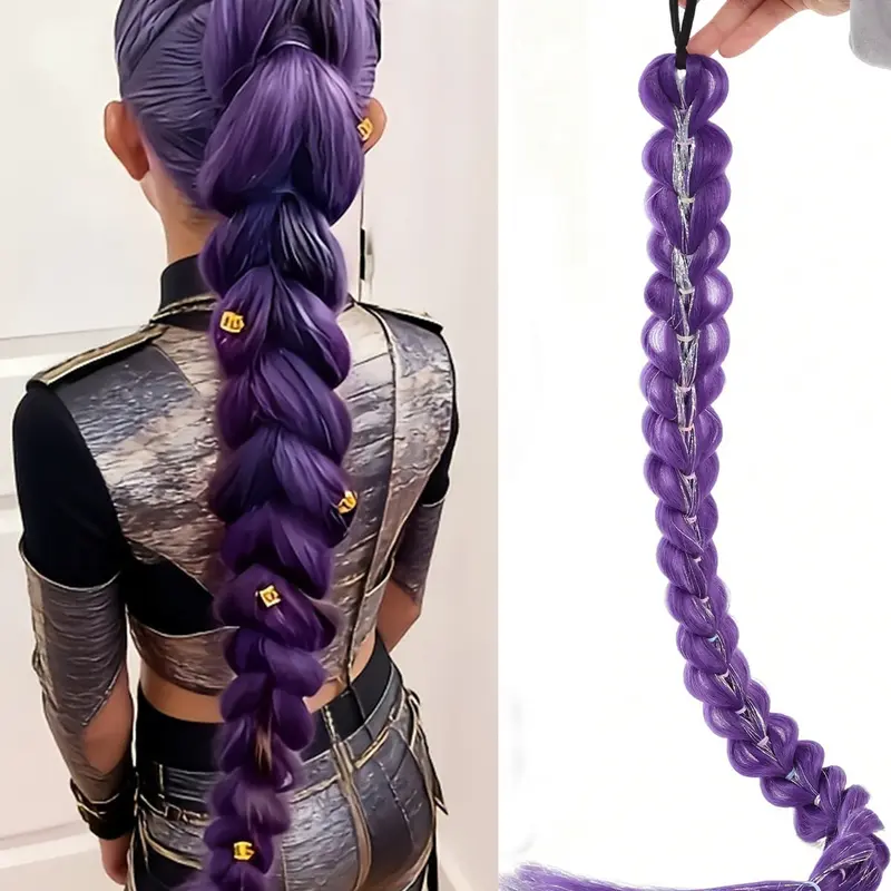 28 Inch Purple Women's Synthetic Braided Wig | Heat-resistant Fibers with Elastic Ponytail and Sparkling Colorful Ribbon, Perfect for Girls' Christmas Role-playing Kpop Anime Character Purple Wig Wig for Cosplay
