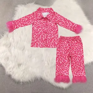 New Clothes Kids Girls Hot Pink Leopard Fur Pajamas with Ruffle Button down Comfortable Sleepwear