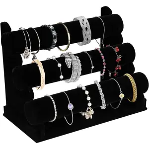 OSPNIEEK Velvet Bracelet Holder with 3 Tier Rack, Black Detachable Jewelry Display Stand T-Bar Necklace Storage Organizer for Bangles Watch Bracelets Scrunchies Organization Showcase