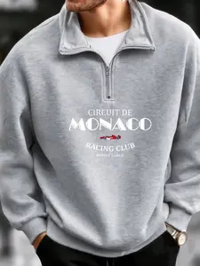 Men's American Vintage Half-Zip Fleece Sweatshirt, Monaco Racing Club Print, Daily Commute, Racing Theme Social Wear, City Casual