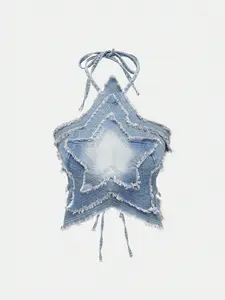 American Retro Sweet Cool Style Aesthetic Gradient Denim Star Halter Top, Sexy Girl Atmosphere Full, Slim-Fitting, No Ca Prop 65 Re