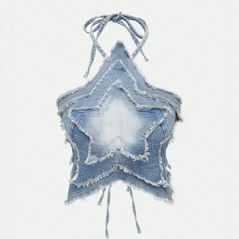 American Retro Aesthetic Gradient Denim Halter Top, Dara Halter Top, Slim-Fitting Design, Sweet Y2K Style, Womenswear