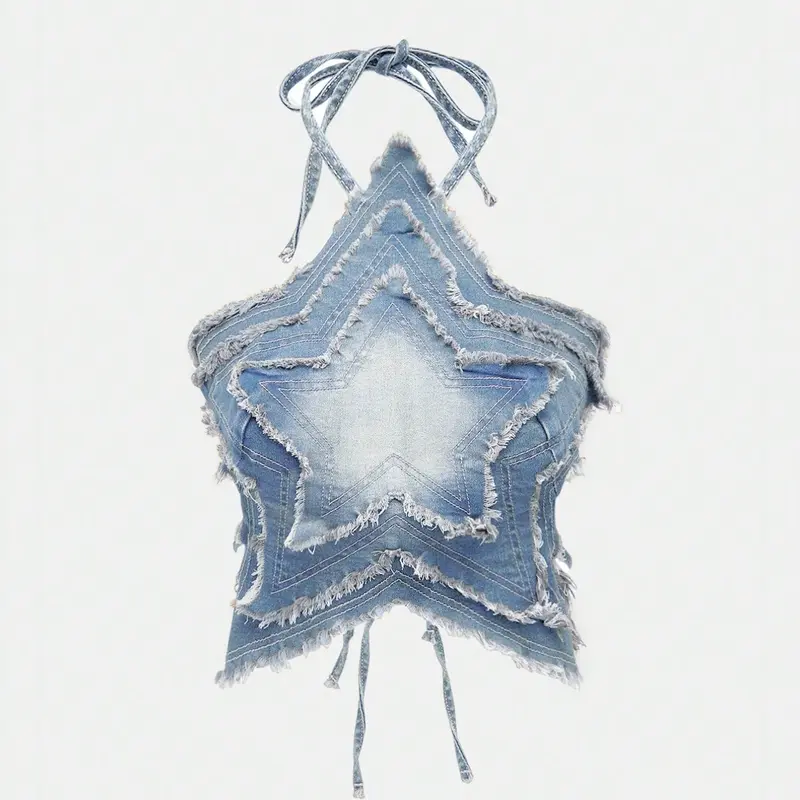 American Retro Aesthetic Gradient Denim Halter Top, Dara Halter Top, Slim-Fitting Design, Sweet Y2K Style, Womenswear