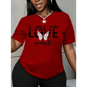 Women's short-sleeve top with "LOVE yourself" butterfly print, round neck, machine washable, comfortable, soft, breathable, suitable for spring, summer, and autumn, new recommended style, loose, casual, trendy, fashionable, and suitable for commuting