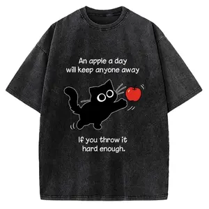 Funny Cat Throwing Apple Meme Vintage Washed T-shirt, Gym Essential, Vintage Casual Crewneck Short Sleeves Menswear Womenswear Tops Classic Cotton Fabric Streetwear