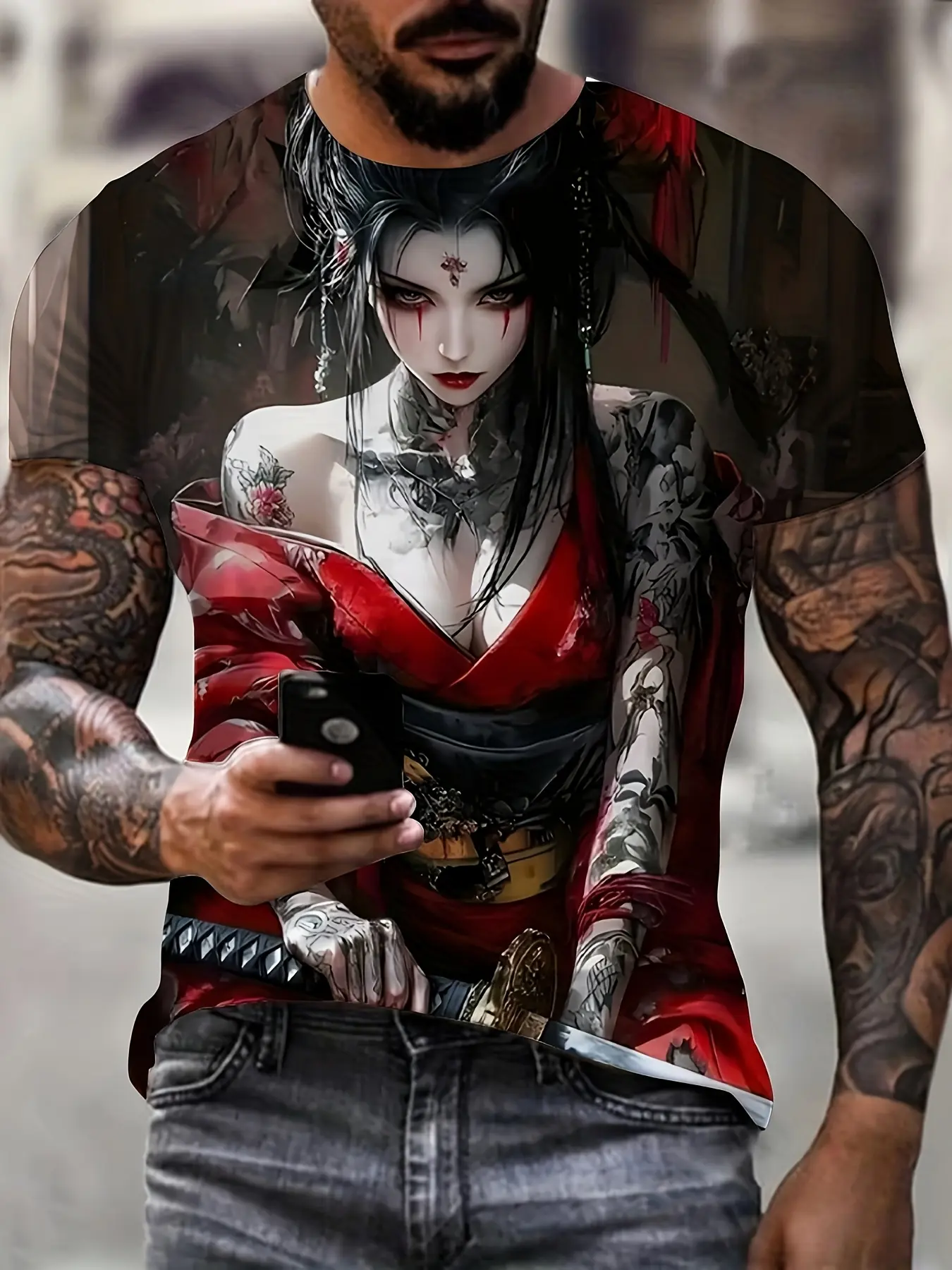 Men's 3D Graphic T-shirt - Japanese Geisha and Samurai Art Print, Red and Black Contrast, Regular Fit, Machine Washable, Street Style | Eye-Catching Effect | Comfortable Fabric