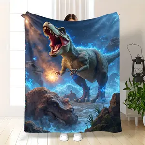 1pc Cozy 3D Dinosaur & T-Rex Blue Flame Print Blanket - Soft Flannel Fabric, Lightweight Warm Throw with T-Rex, Stegosaurus & Pterodactyls-like Dinosaurs for Bed, Sofa, Travel - Room Decor, Camping Gift & Adults, Throw Blanket, Blankets And Throws, Blanke