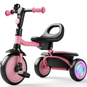 besrey Kids Tricycle with Flash Wheels, Bell, Pink, Motion Activated, Backrest, Fun, Convenience, Suitable for Ages 18 Months to 5 Years
