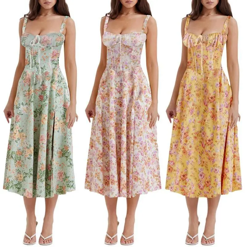 Women's Floral Corset Dress Ruched Bust Dress Flowy Sundress Elegant Dress Split Milkmaid Dress