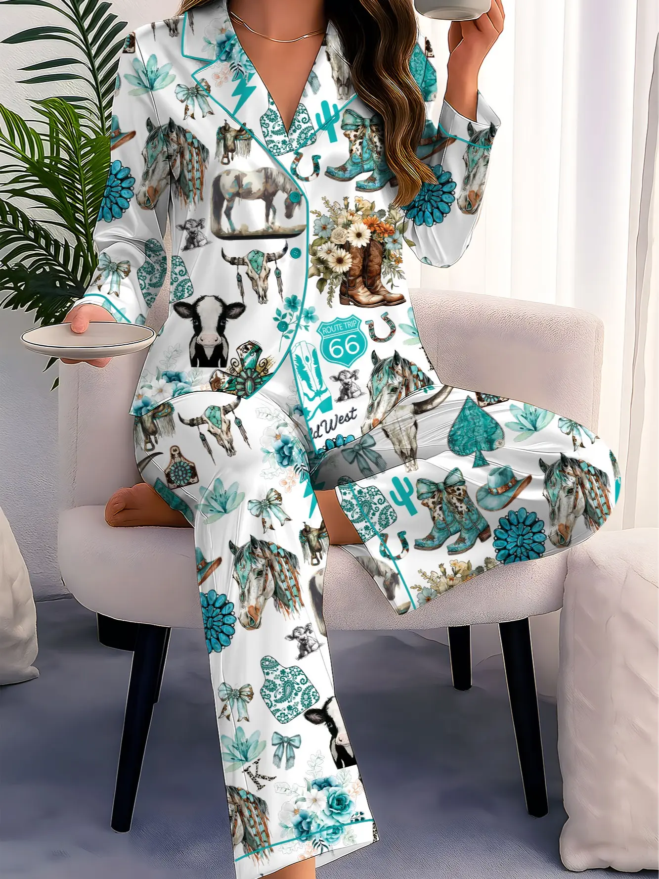 Western Cowgirl Pajama Set, Cowgirl Aesthetic Pajama Satin Set Turquoise Horses, Boots & Cactus Satin Pajamas